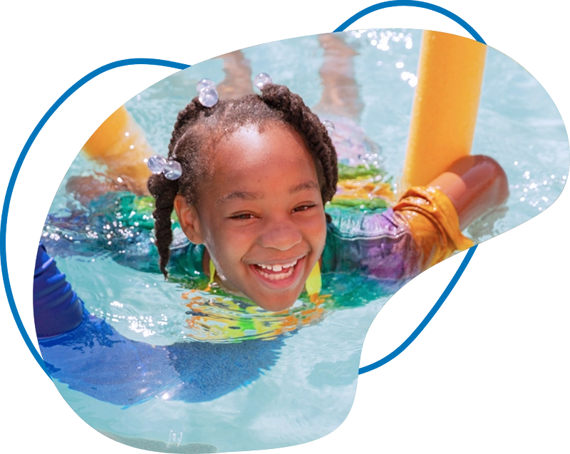 girl swimming with pool noodle